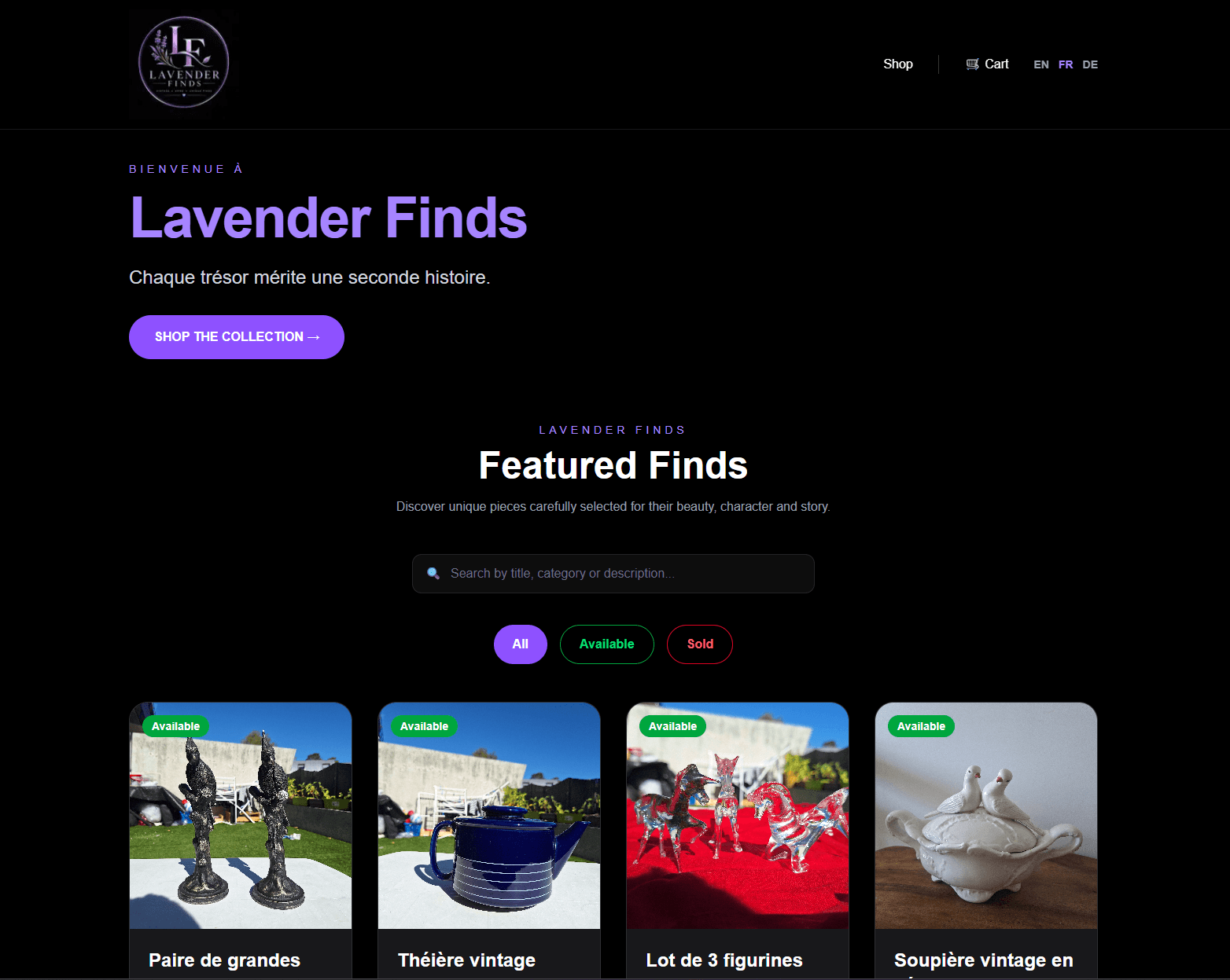 Lavender Finds desktop storefront