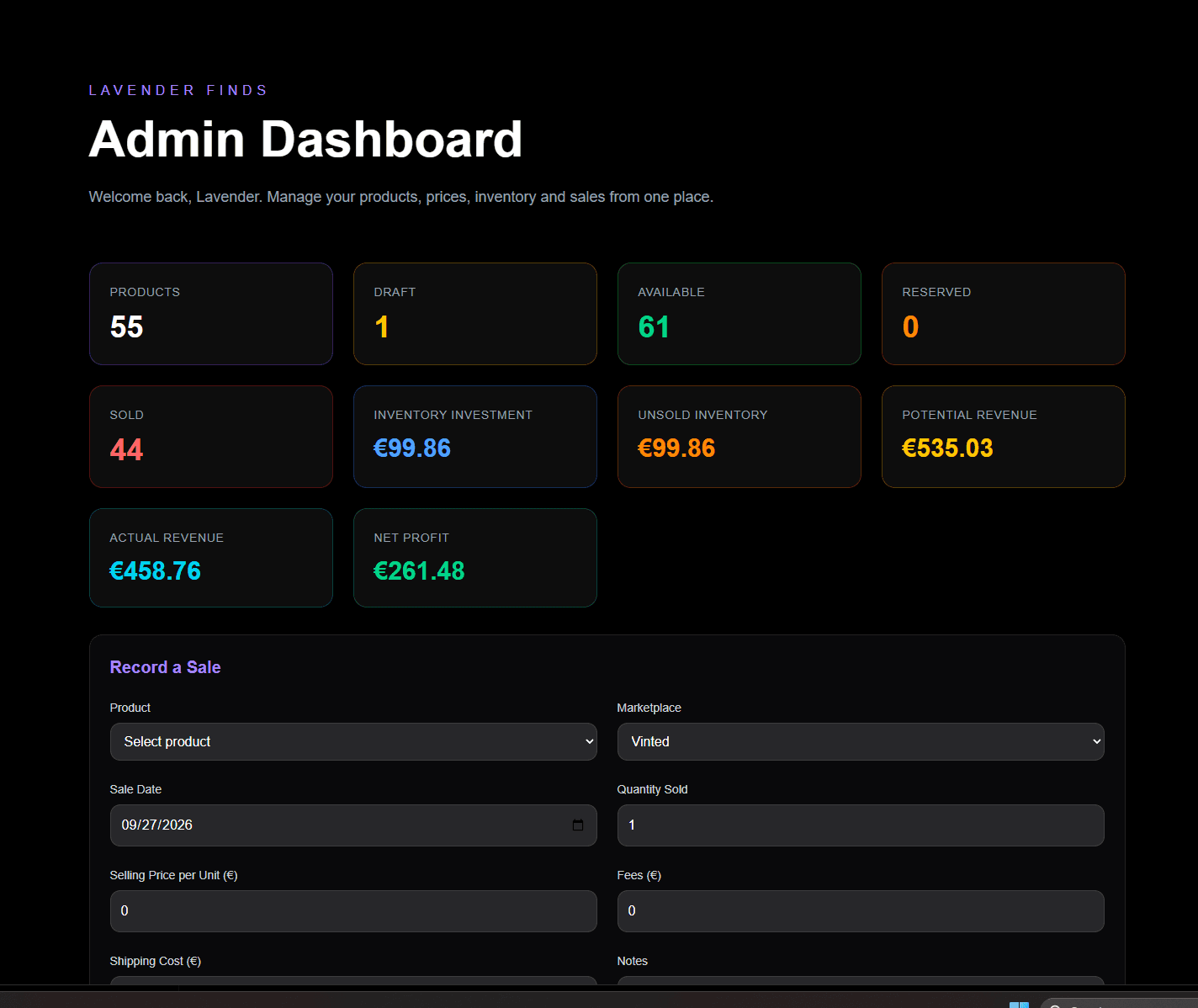 Lavender Finds admin dashboard